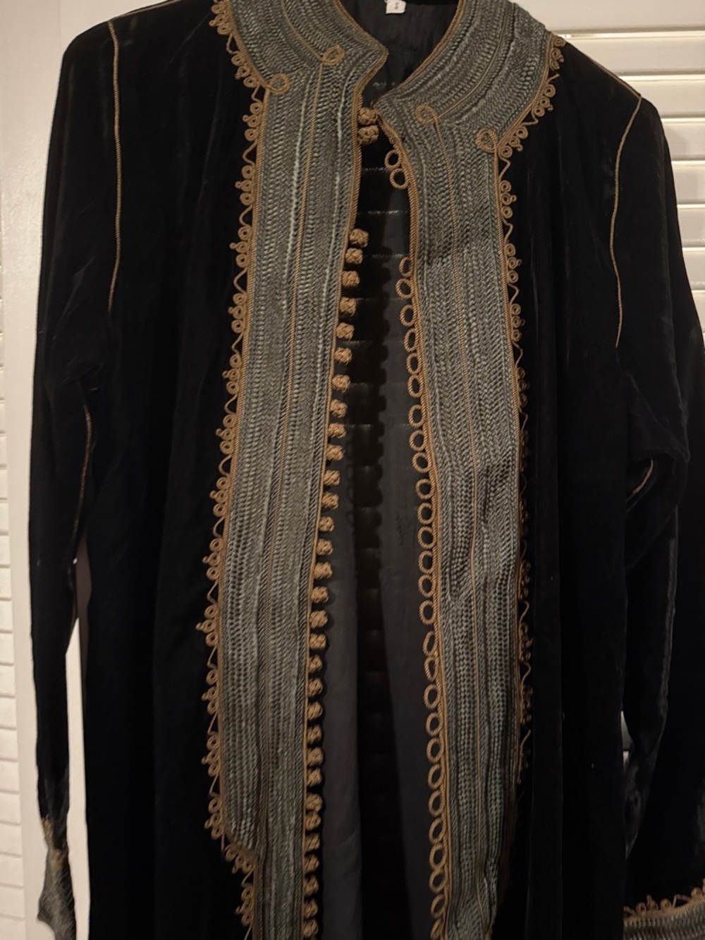 Black Velvet Long Coat with Ornate Gold-Tone Trim - Picture 3 of 16